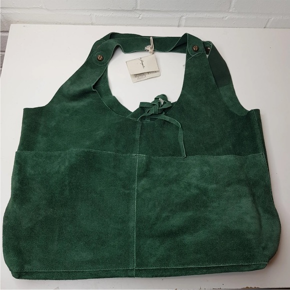 Free People Paris Suede Tote Bag Green Shoulder Leather Slouchy Tie Top BNWT - Picture 5 of 14